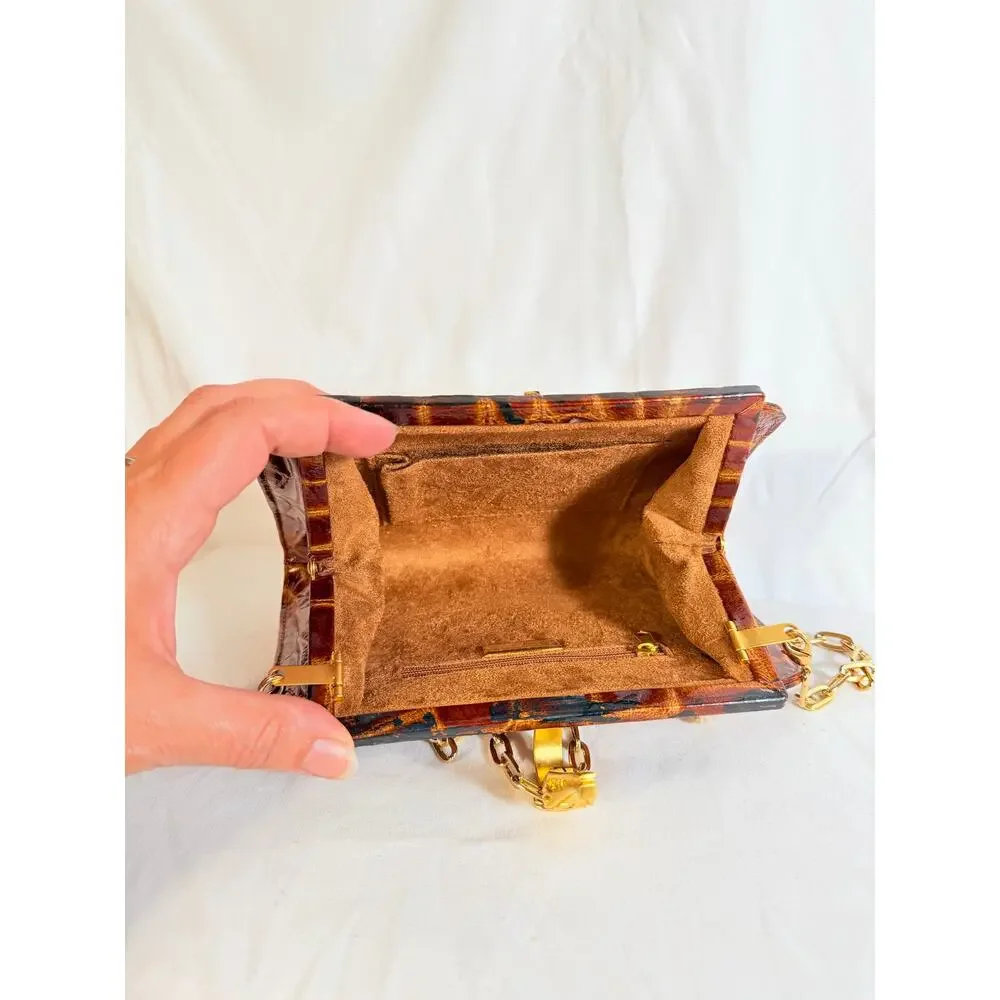 Vintage Ashneil Genuine Alligator Crocodile Clutch Purse Gold Alligator Clasp